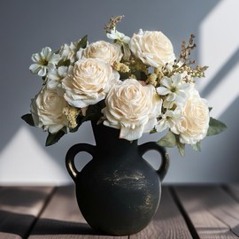 Artificial Flowers with Vase, Faux Rose Centerpiece in Terracotta, 15 Inch