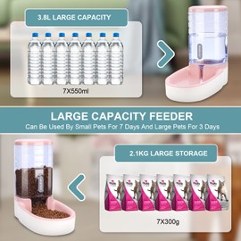 Meikuler Automatic Dog Cat Feeder and Water Dispenser Set,Waterer and Gravity Food Feeder for Small & Medium Dogs Cats Puppies,Large Capacity 1 Gallon x 2(Pink)