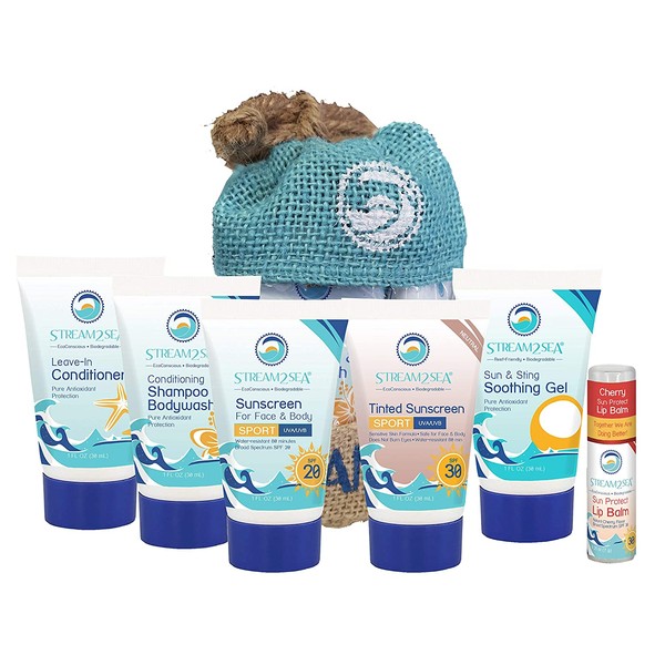 Stream2Sea Conscious Explorer Natural Body & Hair Care Gift Set, 1oz Travel Sized Shampoo, Conditioner, SPF20 Sunscreen, Eco Tint SPF30, UV Lip Balm, Sun & Sting Gel with Reusable Bag