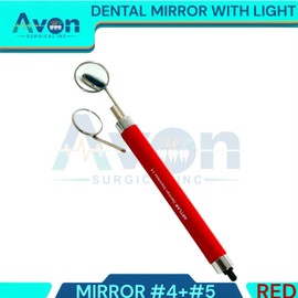 Dental Mouth Mirror Handle with LED Illumination & Mirror Head #4 + #5 - Anti-Fog, Teeth Inspection, Dental Oral Care Examination Tool Colored Handle (Red)