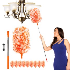 20-49inches Extendable Microfiber Feather Duster with 10pcs Replaceable Heads, Extra Long Bendable Duster for Cleaning, Electrostatic Dust Remove for Furniture, Ceiling, Window,etc (Orange)