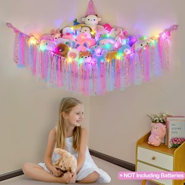 MHJY Toy Hammock Stuffed Animals Storage Net Soft Cuddly Toys Large Corner Hanging Net With LED Light Hand Woven Plush Macrame Organizer with Tassel for Kids Bedroom Nursery