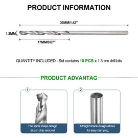 METALLIXITY Drill Bit (1.3mm) 10Pcs, 4241 High-Speed Steel Straight Shank Uncoated (Bright) 118° for Wood Plastic Iron Copper Aluminum Low Soft Metal