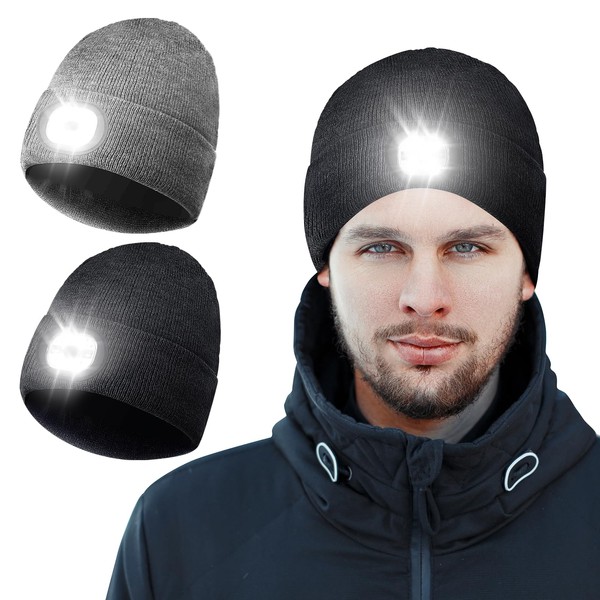 Gifts for Men 2 Pack Upgraded LED Beanie Hat with Light, Unisex Knitted Lighted hat, USB Rechargeable Headlight Cap,Gifts for Dad Husband Boyfriend Men and Women Outdoor Dog Walking,Hiking,Camping