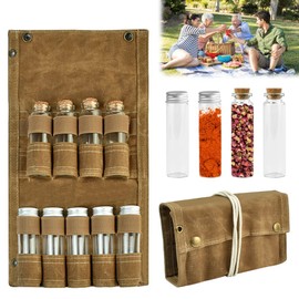 QINERSAW Portable Spice Bag with 9 Spice Jars Spice Storage Bag Camping Spice Bottle Holder Travel Spice Container BBQ Spice Jars Picnic Spice Jars Khaki Canvas