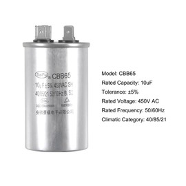 uxcell Run Capacitor Round CBB65 10uF 10mfd 450V AC 40/85/21 Aluminum Case with Terminal for Air Conditioner Compressor Motor Heat Pump Condenser