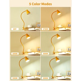 BOHON Clip on Light, 10W 38 LED Desk Lamp with Clamp, 5 Color 10 Brightness Auto Off Timer, Flexible Neck Clip Lamp, Desk Lights for Office Home Bed Bedside Reading, Bright Yellow