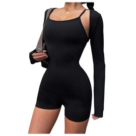 SweatyRocks Women's 2 Piece Outfits Skinny Cami Rompers with Long Sleeve Crop Shrug Black X-Large