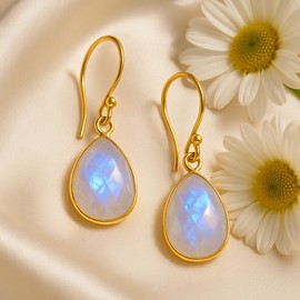 Gempires Handmade Teardrop Dangle Earrings Rainbow Moonstone Crystal Jewelry Hypoallergenic Gold Plated June Birthstone Earrings For Women