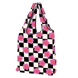CMNIM Flower Checkered Reusable Grocery Bag Floral Lover Gift Aesthetic Flowers Foldable Shopping Bag Checkered Shoulder Bag (25623 Flower Checkered F)
