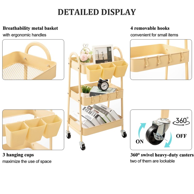 danpinera 3-Tier Rolling Cart, Utility Cart Mobile Metal Rolling Storage