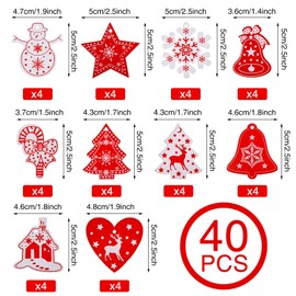 Kiiwah Pack of 40 Wooden Christmas Tree Decorations, Christmas Wooden Pendants with Cotton Threads and Beads for Christmas Tree Decorations (Red, White)