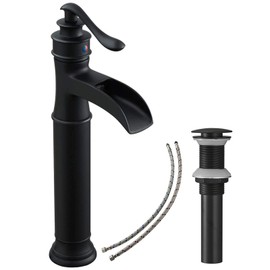 BATHLAVISH Vessel Sink Faucet Matte Black, Waterfall Vessel Faucet, Tall Bathroom Faucet Farmhouse, Single Hole Single Handle Lavatory Vanity RV with Pop Up Drain Without Overflow
