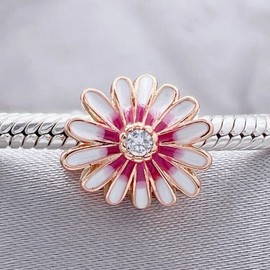 Lkwidi Pink Daisy Flower Charm 925 Sterling Silver Pendant,Jewelry Beads Gifts for Women Bracelet&Necklace