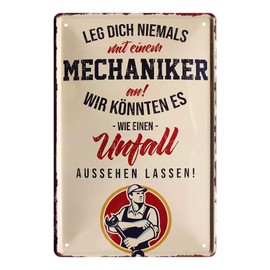 Leg dich niemals mit einem Mechaniker an - Retro Decorative Tin Sign - Metal Sign Workshop Accessories Decoration - Gift Car Mechanic Mechanical Engineer Precision Mechanic Tool Maker - 20 x 30 cm