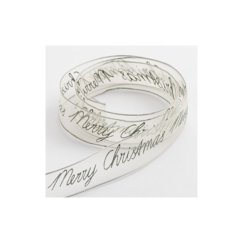 Merry Christmas Organza Ribbon Silver 25mm x 10 Metres
