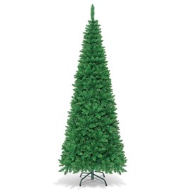 DORTALA Pre-lit Christmas Tree, 7.5FT Pencil Artificial Xmas Tree with 1085 Branch Tips, 350 LED Lights, Folding Metal Stand, Green