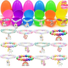 LUKBERA 12Pcs Easter Eggs Filled with Beads Bracelets, Beaded Bracelet Pretend Jewelry Surprise Toys for Girls Play Dress Up Easter Egg Hunt Easter Basket Stuffers Classroom Rewards