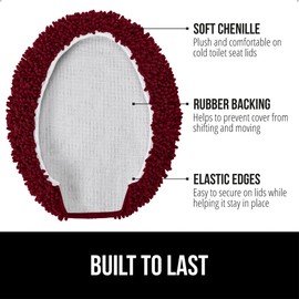 GORILLA GRIP Soft Chenille Bathroom Toilet Lid Cover, Machine Washable Seat Covers, 19.5x18.5, Stays in Place Rubber Backing, Fits Most Round, Elongated and Oblong Lids, Accessories Decor, Burgundy