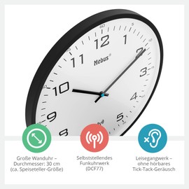 Mebus Radio Controlled Wall Clock 30cm Silent Black Frame White Dial Model 13079 - Large and Clear Display, Black