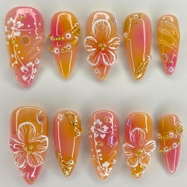 Floral False Nails Almond - Medium Length Press On Nails - Pink Yellow Gradient Fake Nails With 3D Gold Beads Design - Spring Summer Gel Stick On Nails For Women Girls