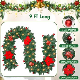 Riceshoot 2 Pcs 9 ft Christmas Garland with Lights Pre Lit Xmas Artificial Flower Vine Plants Battery Operated 220 LED Lighted Christmas Garland Decorations for Fireplace Stair Door (Red)