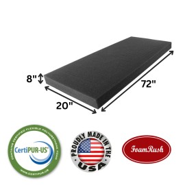 FoamRush 20" x 72" Charcoal High Density Upholstery Foam Cushion Medium Firm USA - 8" x 20" x 72" Charcoal