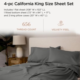 Threadmill California King Sheet Sets |Certified American Supima Cotton Sheets | 656 Thread Count 4 Piece Hotel Quality Luxury Bed Sheets Set with Elasticized Extra Deep Pocket |Dark Grey Sheets