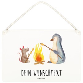 Mr. & Mrs. Panda Personalisiertes Deko Schild Pinguin Lagerfeuer DIN A6 - Personalisierte Geschenke, Maus, Wanddeko, Holzschild, Pinguine, Türschild,