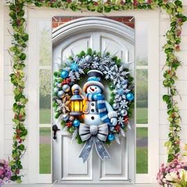 BlissYard Christmas Snowman Door Cover 71x35 Inch Holiday Front Porch Door Banners Decoration Blue Silver Wreath Lantern Background Hanging Banner for Indoor Outdoor Winter Christmas Party Decor