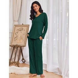 Ekouaer Lounge Sets for Women Long Sleeve Knit Ribbed Pajama Sets 2 Piece Casual Loungewear with Pockets Green