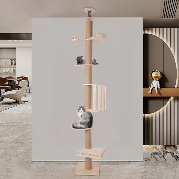 Unbranded Wooden Floor to Ceiling Cat Tree Tower Natural Sisal