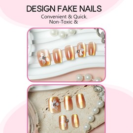 30Pcs Cat Eye Press on Nails Short Square Fake Nails with Rhinestone Flowers Designs Glossy Full Cover Glue on Nails Shiny False Nails Reusable Artificial Nails Acrylic Nail Kit for Coquette Women