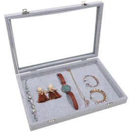 Lockable and Stackable Jewellery Storage System, Grey Velvet, L 35.4 cm x W 24.4 cm, Jewellery Box for Rings, Necklaces, Earrings, Watches, Bracelets