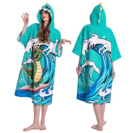 OLAOLA Changing Robe Towel Poncho, Adult Surf Poncho Towel with Hood and Pocket, Oversized Soft Absorbent Quick Dry Swim Beach Towel for Women Men, Surfing Dinosaur