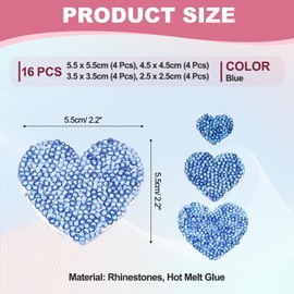 PATIKIL 4 Sizes Heart Rhinestone Patches, 16 Pcs Heart Shape Iron on Applique Patches Rhinestone Applique Glitter Crystal Patches Sewing for Shoes Clothes Pants Bags, Blue