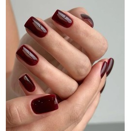 MouyouGlow Press on Nails Short, Squoval Cherry Red Plain Glossy Fake Nails with Nail Glue, Cherry Red Solid Artificial Fingernails