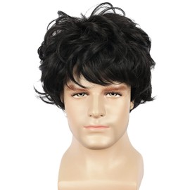 yuehong Mens Short Curly Black Wig Cosplay Party Fashion Wigs Heat Resistant Synthetic Fibers Wig Fluffy Durable Breathable Wig