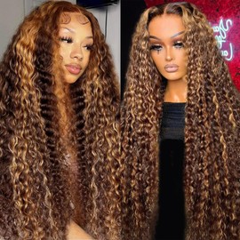 5X5 HD Lace Closure Wigs Human Hair Deep Wave Lace Front Wigs Human Hair Ombre Honey Blond Glueless Wigs Human Hair Pre Cut Wear and Go Glueless Lace Closure Wig for Women P4/27 Color 22 Inch