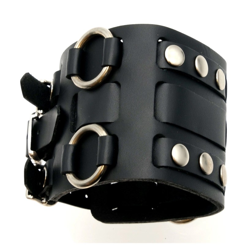 FindingKing Wide Black Leather Tri Clasp Cuff Wrist Watch Band