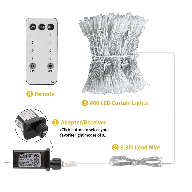 Brightown 600LED Warm White Curtain String Lights 8 Modes Remote