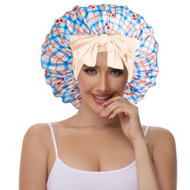 Vettres Hair Bonnet for Sleeping Satin Lined Sleep Cap Double Layer Silk Head Wrap for Curly Natural Hair Cherry Blue