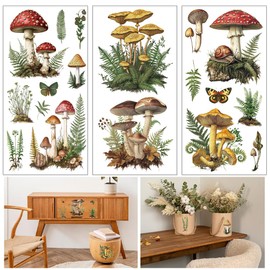 GLOBLELAND 3 Sheets Vintage Mushrooms Furniture Transfer 6x12inch Fern and Butterfly Rub on Transfer Self-Adhesive Wall Art Decals for Bedroom Living Room Desk Table Decoration