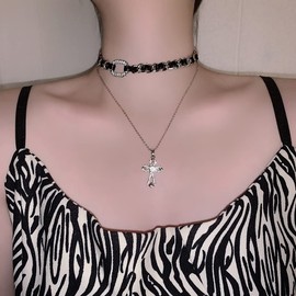 E-floral Necklace Choker Set, Women's Cross, Black, Leather Pendant, Cool, Cross Necklace, 19.7 inches (50 cm), Cubic Zirconia