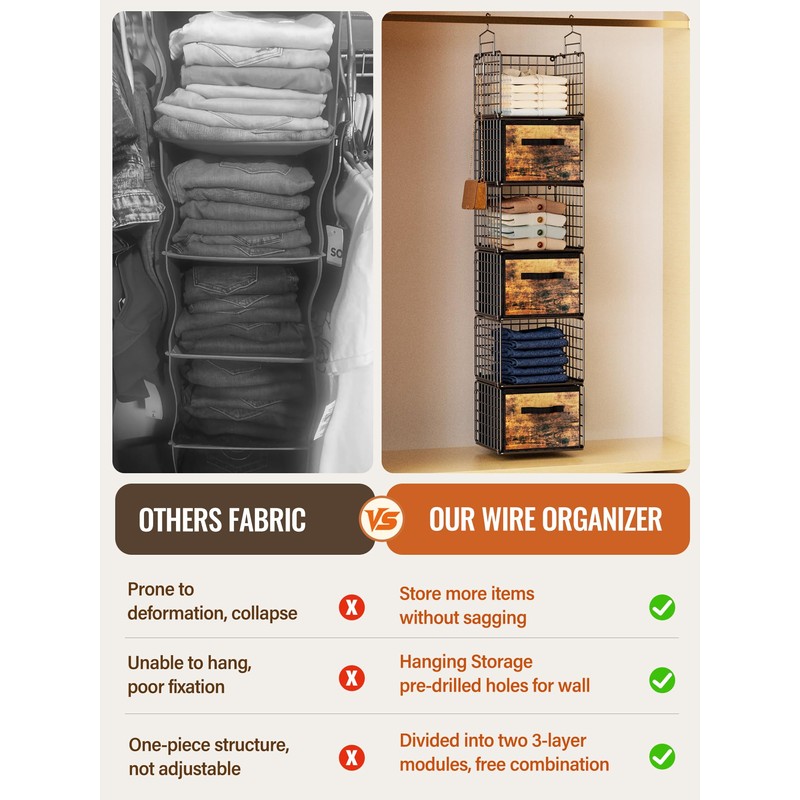 Closet Hanging Organizer with Drawers, 6 Tier Metal Closet Organizers