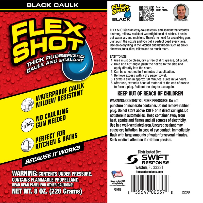 Flex Shot, 8 oz, Black, Flexible Rubber Silicone Sealant, Waterproof