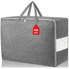 105L Extra Large Storage Bags, Folding Moving Comforter Blanket Storage Bags Closet Organizers and Storage Containers for Clothes with Strong Handles&Zippers Clear Window for Bedding Pillow, Grey