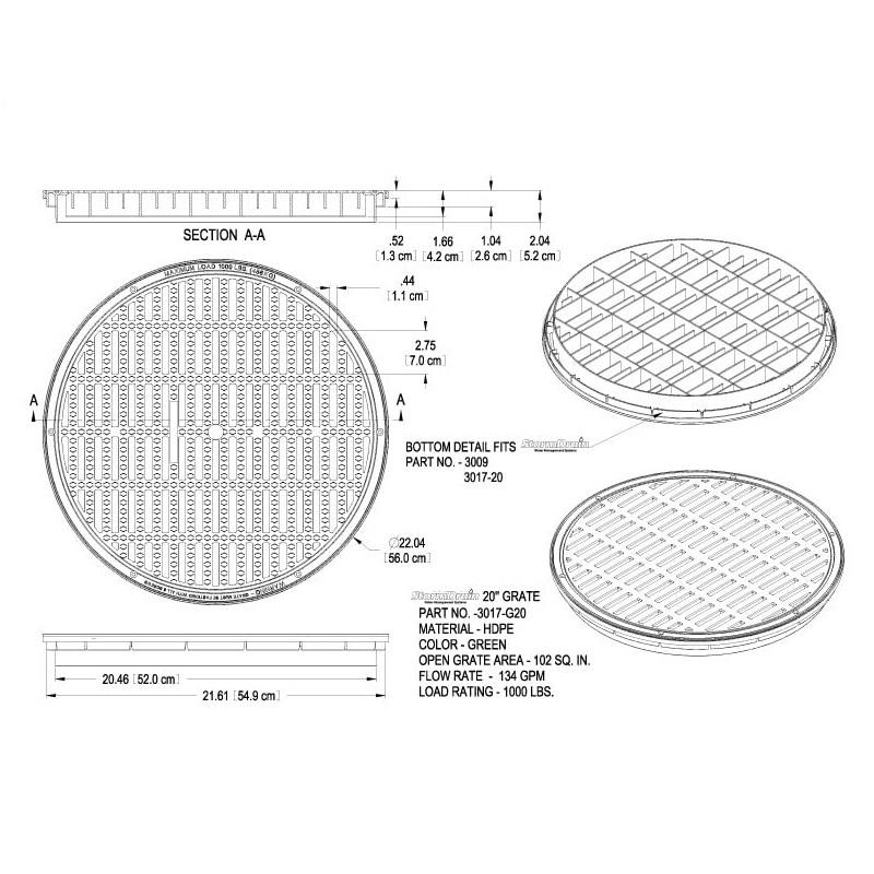 Storm Drain FSD-3017-G20B 20-in. Round Flat Green Grate for Catch