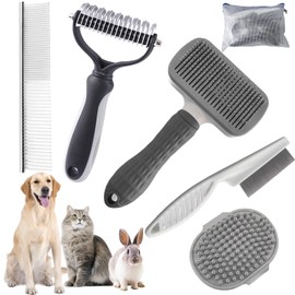KUEIOX Dog Brush for Shedding,6 PCS in One Pet Slicker Hair Brush Kit Organizer Bag - Dog Cat Grooming Deshedding Undercoat Rake Brush Comb for All Small Large Dogs Cats Grey