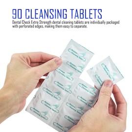 Dental Check 90 Retainer & Denture Cleaning Tablets, 90 day Supply, Remove Bad Odors, Plaque, Stains from Dentures, Night Guards, Mouth Guards & Removable Appliances, Plastic Dental Bath Included!